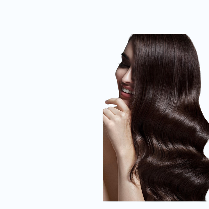 TheGromify Argan & Castor hair mask model showing long, shiny, healthy dark wavy hair after treatment.