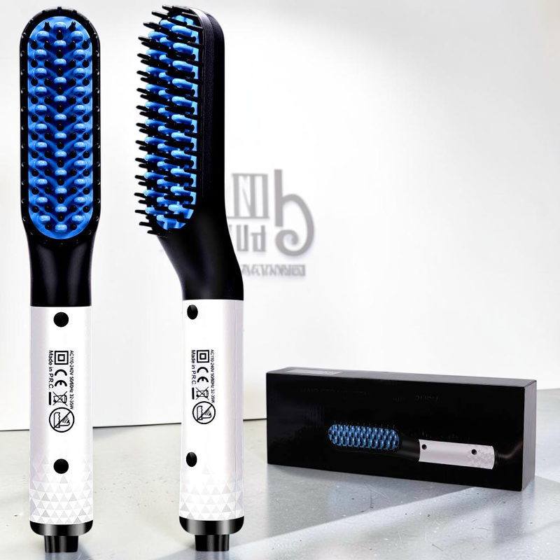 TheGromify heated beard and hair straightening comb with blue bristles and white handle, shown with its black box.