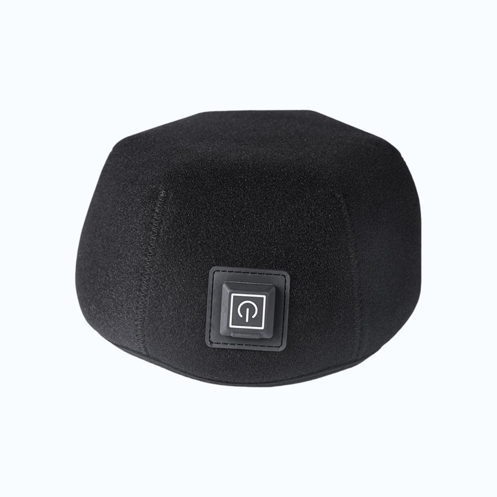 TheGromify infrared LED hair growth cap in black with a central power button for hands-free red light therapy.