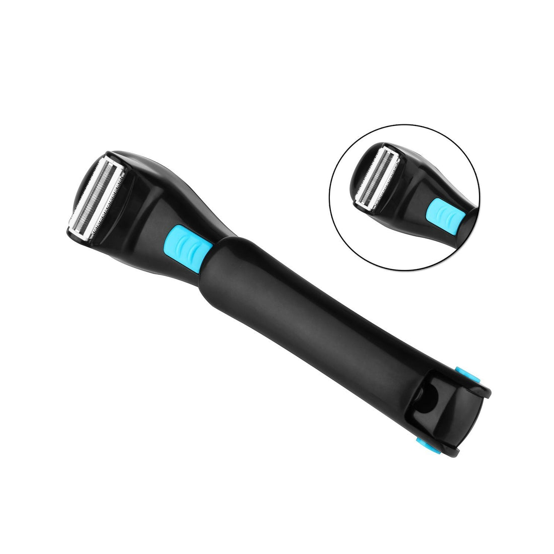 TheGromify black long handle back hair shaver with blue accents and a foldable design for easy grooming.