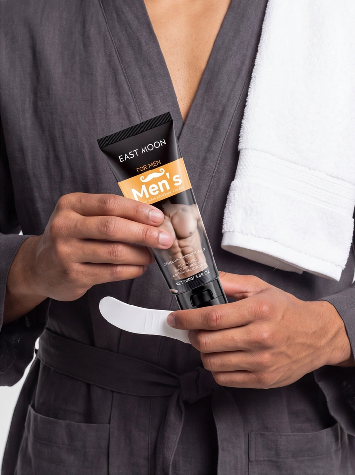 TheGromify men's body hair removal cream tube with applicator held by a man in a grey robe with a white towel