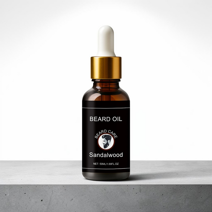 TheGromify Sandalwood and Vitamin E beard oil in an amber glass dropper bottle on a grey stone surface