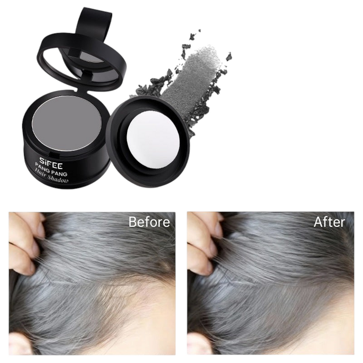 TheGromify waterproof gray hairline powder showing product packaging and before and after application on thinning hair.