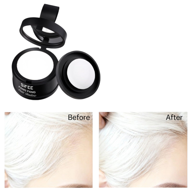 TheGromify waterproof hairline powder in a compact case with applicator, showing before and after hair coverage.