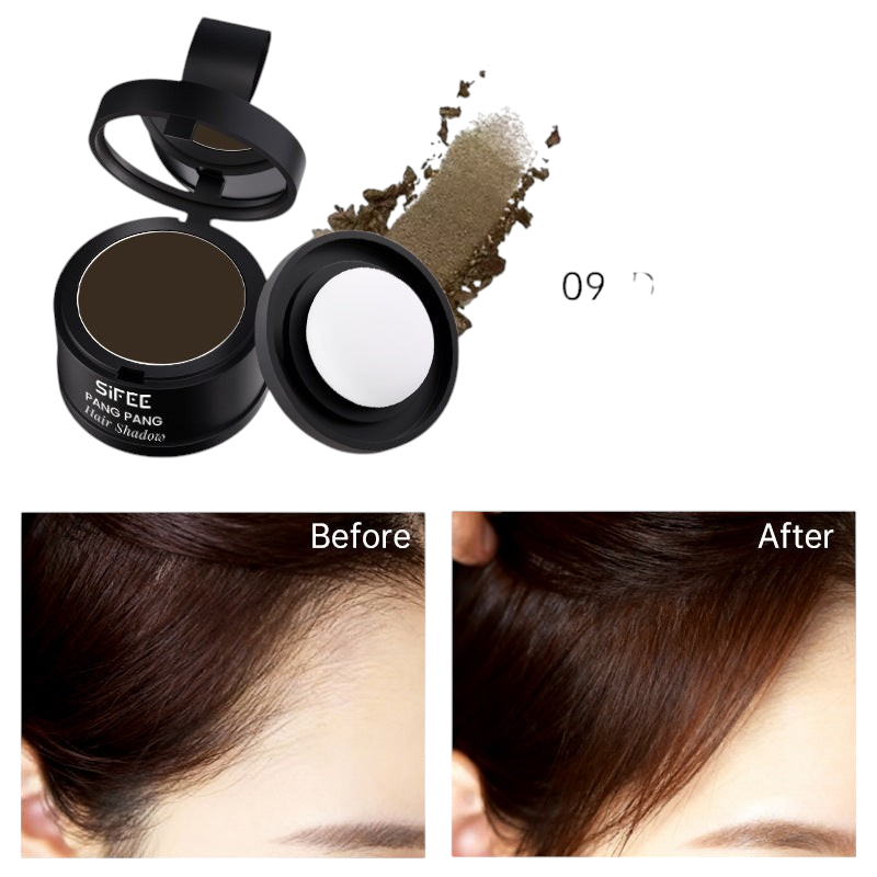 TheGromify waterproof hairline powder in a compact case with before and after results showing fuller hair coverage