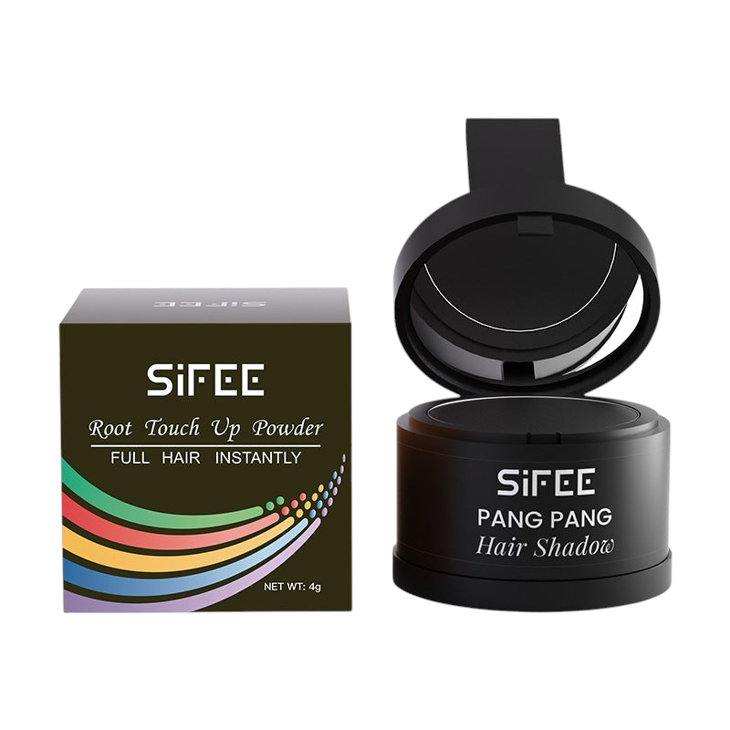 TheGromify waterproof hairline powder in a black compact with matching box for instant thinning hair coverage.