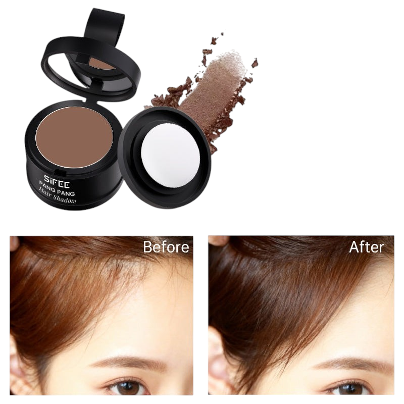 TheGromify waterproof hairline powder in a compact case with before and after results showing fuller hair coverage