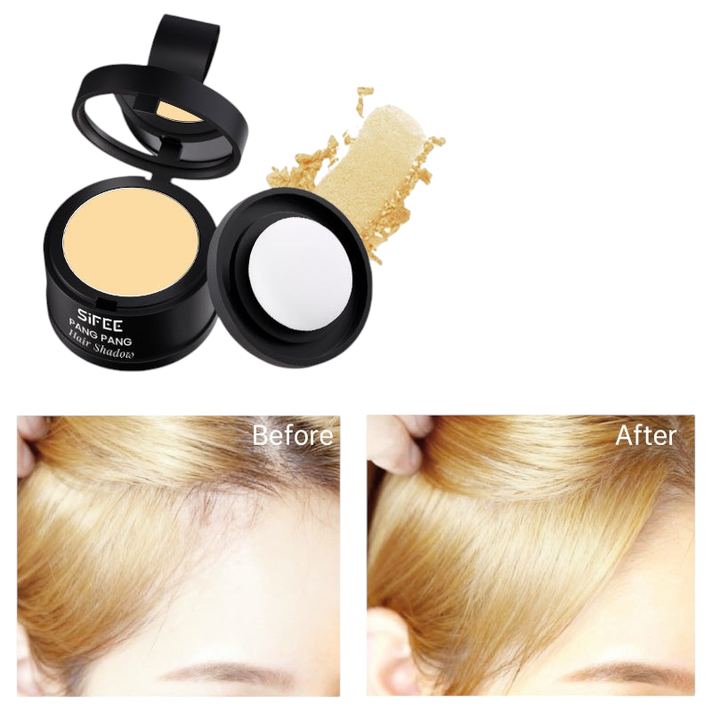 TheGromify waterproof hairline powder in a compact case with before and after results showing fuller hair coverage.