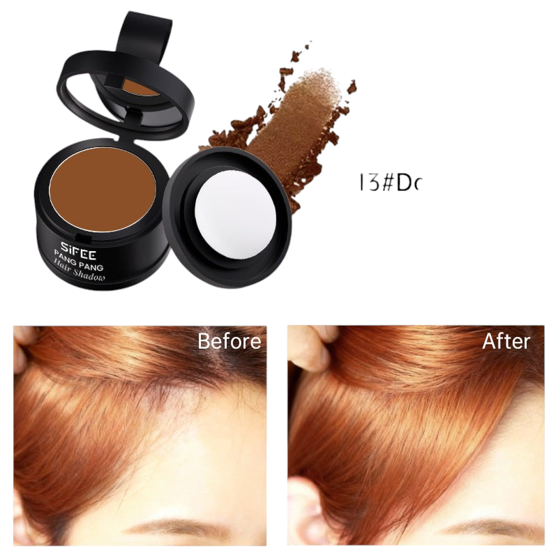 TheGromify waterproof hairline powder in shade 13, showing before and after application for fuller-looking hair.
