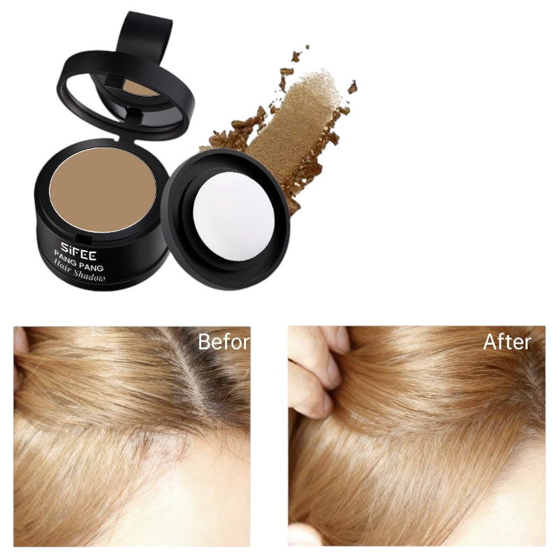 TheGromify waterproof hairline powder in a compact with applicator, showing before and after results on blonde hair.