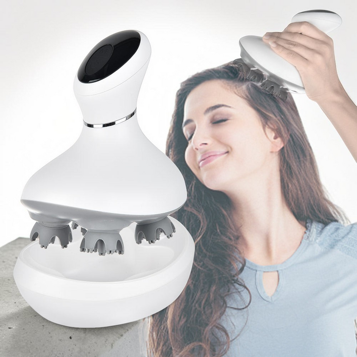 TheGromify wireless electric scalp massager with 3D kneading nodes being used by a woman for relaxing hair care